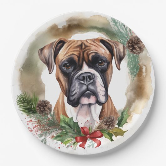 Boxer Kerstkrans Feestelijke Pup Papieren Bordje (Voorkant)
