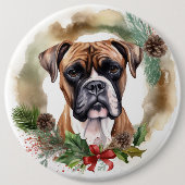 Boxer Kerstkrans Feestelijke Pup Ronde Button 6,0 Cm (Voorkant)