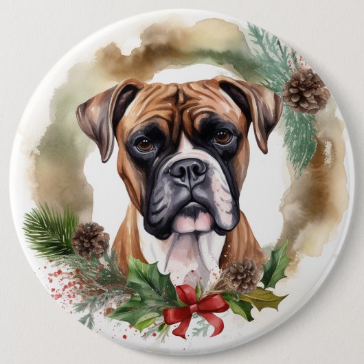 Boxer Kerstkrans Feestelijke Pup Ronde Button 6,0 Cm (Voorkant)