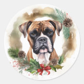 Boxer Kerstkrans Feestelijke Pup Ronde Sticker (Voorkant)