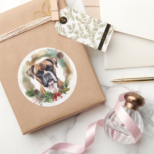 Boxer Kerstkrans Feestelijke Pup Ronde Sticker (Geschenken)