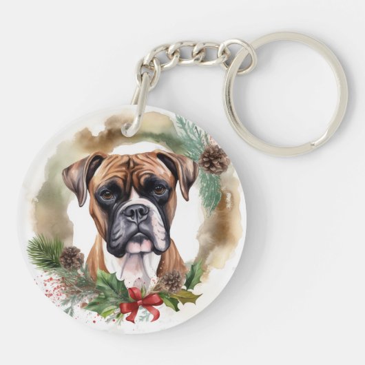 Boxer Kerstkrans Feestelijke Pup Sleutelhanger (Achterkant)