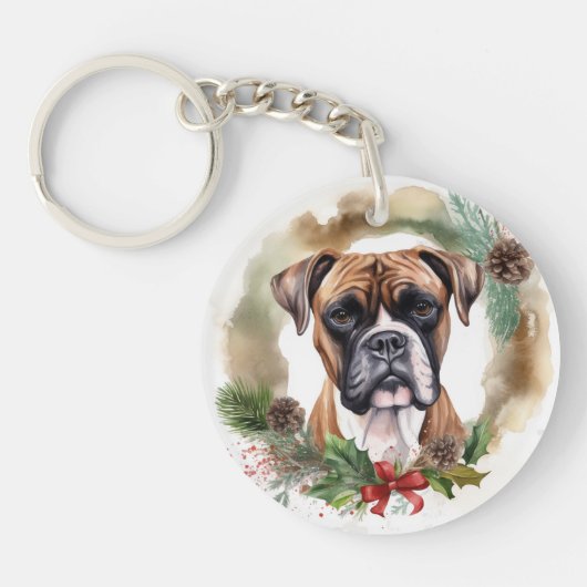 Boxer Kerstkrans Feestelijke Pup Sleutelhanger (Voorkant)