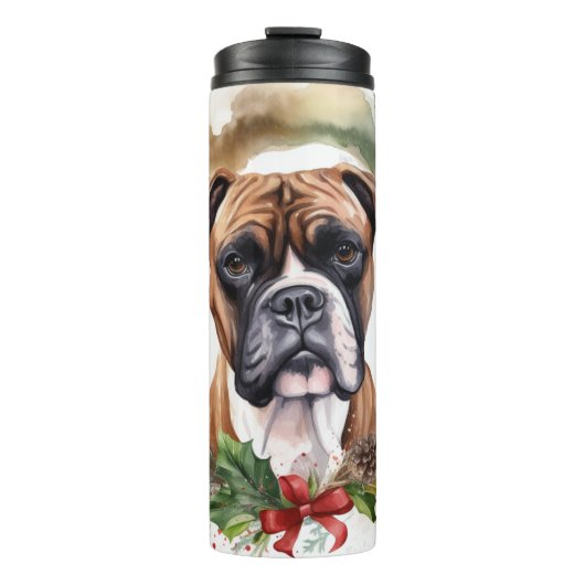 Boxer Kerstkrans Feestelijke Pup Thermosbeker (Voorkant)