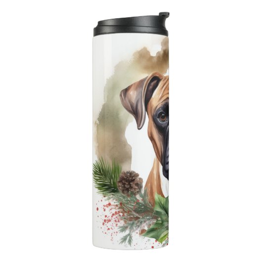 Boxer Kerstkrans Feestelijke Pup Thermosbeker (Gedraaid links)