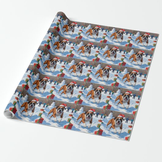 Boxer Kerstmis Festieve Sneeuw Scene Cadeaupapier (Uitgerold)