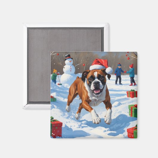 Boxer Kerstmis Festieve Sneeuw Scene Magneet (Voorkant / Achterkant)