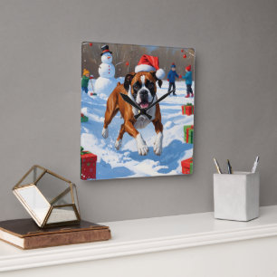 Boxer Kerstmis Sneeuwlandschap Vierkante Klok