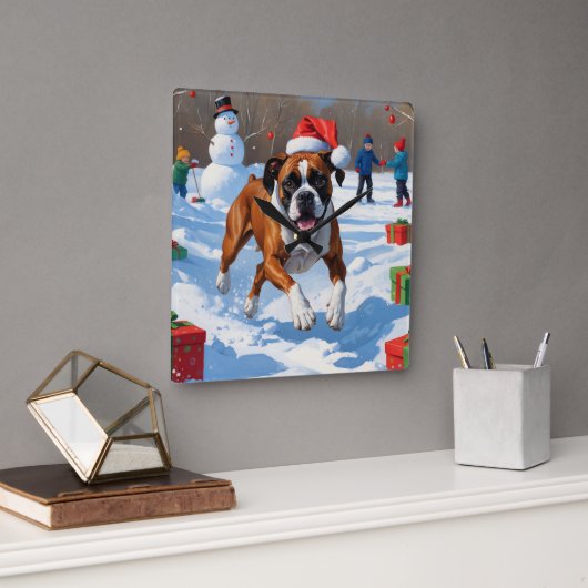 Boxer Kerstmis Sneeuwlandschap Vierkante Klok (Kantoor)