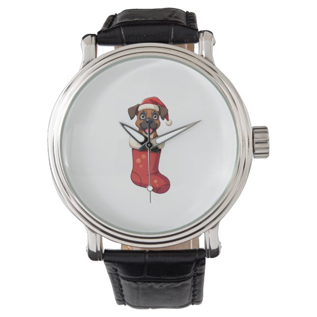 Boxer Kerstmis Stocking hond Horloge (Voorkant)