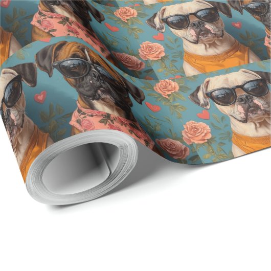 Boxer met hart Rozen Valentijnsdag Cadeaupapier (Rol Hoek)