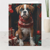 Boxer met kerstgeschenken open haard kaart (Voorkant)