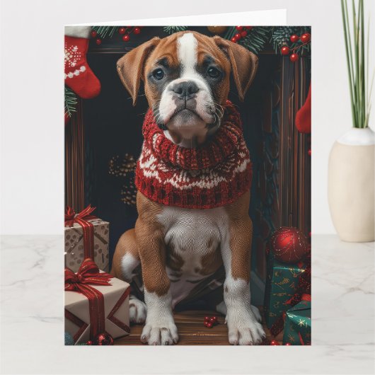 Boxer met kerstgeschenken open haard kaart (Voorkant)