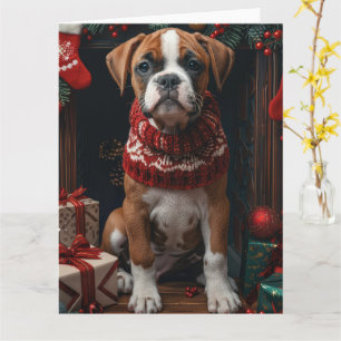 Boxer met kerstgeschenken open haard kaart