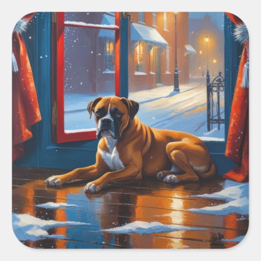 Boxer met Kerstverlichting Vakantie Vierkante Sticker (Voorkant)