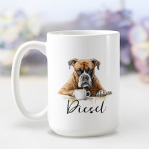 Boxer met mok koffiehond met attitude waterverf
