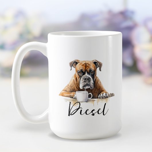 Boxer met mok koffiehond met attitude waterverf