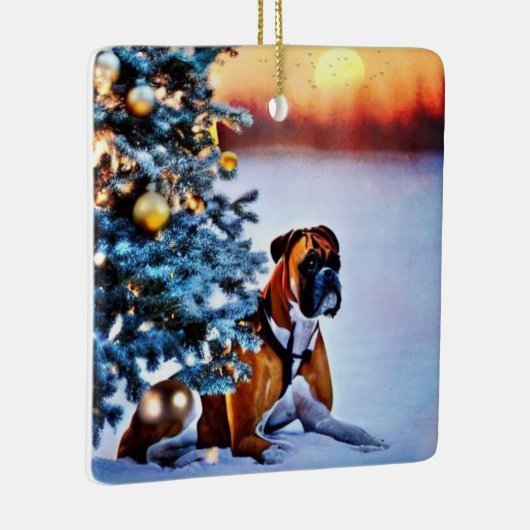 Boxer onder kerstboom keramisch ornament (Rechts)