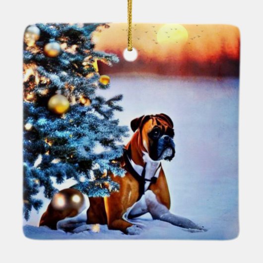 Boxer onder kerstboom keramisch ornament (Achterkant)