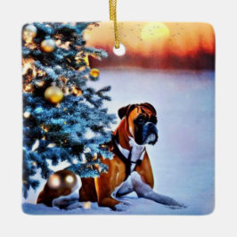 Boxer onder kerstboom keramisch ornament