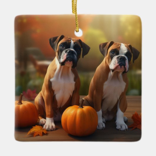 Boxer Pup Autumn Delight Pompoen Keramisch Ornament (Voorkant)