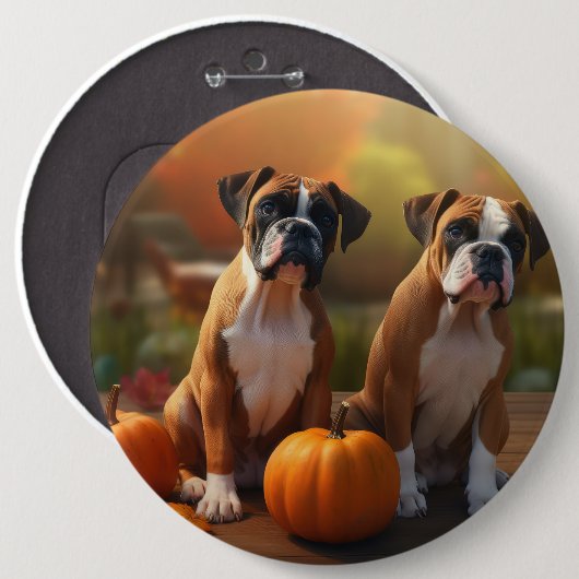 Boxer Pup Autumn Delight Pompoen Ronde Button 6,0 Cm (Voorkant /achterkant)