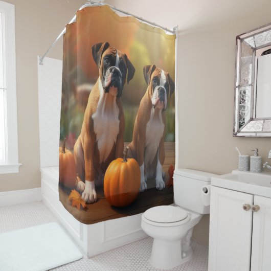 Boxer Puppy Autumn Delight Pompoen Douchegordijn (In situ)