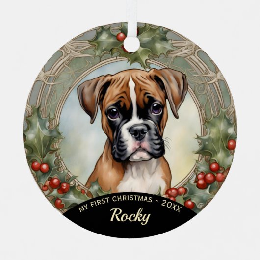 Boxer Puppy Eerste Kerst Metal Ornament (Voorkant)