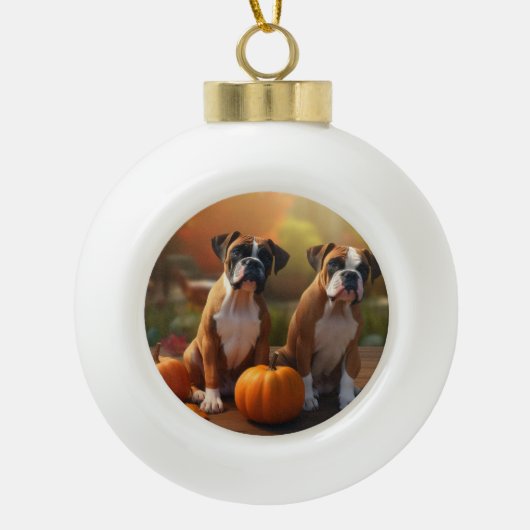 Boxer Puppy Herfst Delight Pompoen Keramische Bal Ornament (Voorkant)