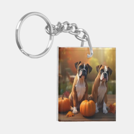 Boxer Puppy Herfst Delight Pompoen Sleutelhanger (Voorkant Links)