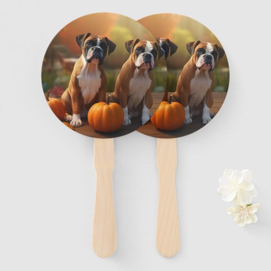 Boxer Puppy Herfst Plezier Pompoen Handwaaier (Voorkant en achterkant)