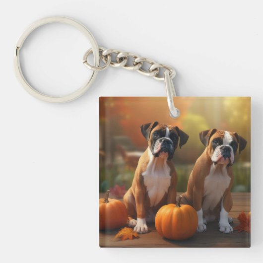 Boxer Puppy Herfst Plezier Pompoen Sleutelhanger (Voorkant)