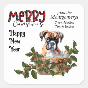 Boxer Puppy Holly Basket Kerstmis Vierkante Sticker