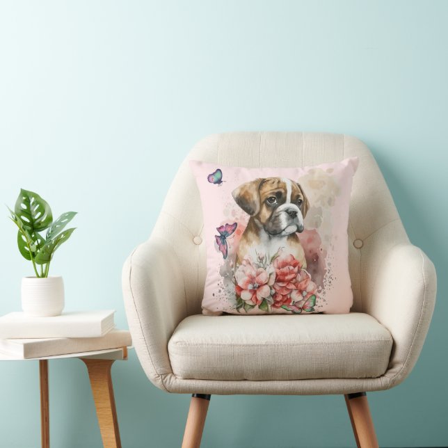 Boxer puppy in bloemen kussen (Stoel)