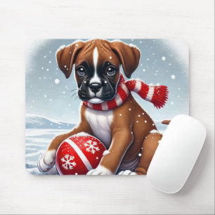 Boxer Puppy In Snowy Scenery Met Een Bal Muismat