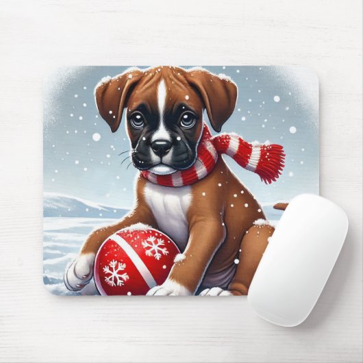 Boxer Puppy In Snowy Scenery Met Een Bal Muismat (Met muis)