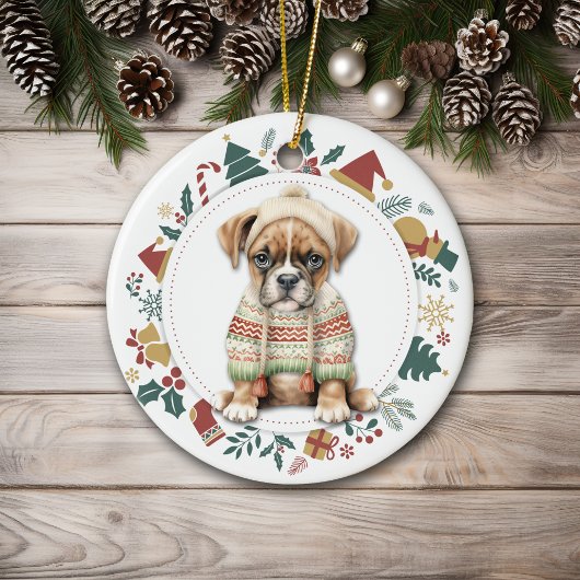 Boxer Puppy in Winter Sweater Kerstmis Keramisch Ornament
