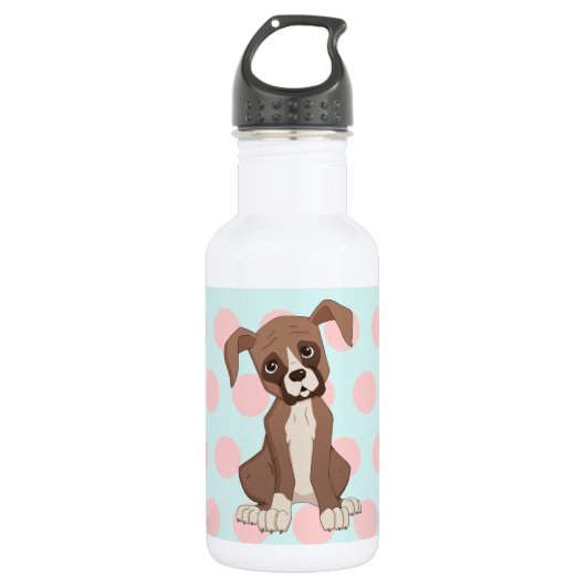 Boxer puppy op roze pokadots waterfles  (Voorkant)