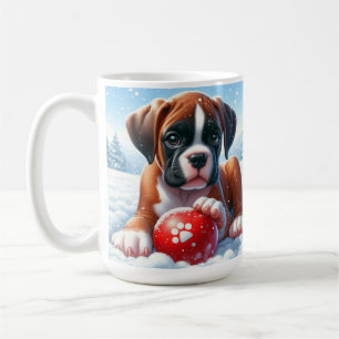 Boxer Puppy Speelt in Sneeuw met een Rode Speelbal Koffiemok