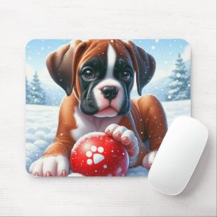Boxer Puppy Speelt Met Een Rode Bal In De Winter Muismat