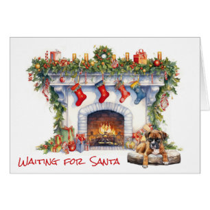 Boxer Puppy Wachten op Kerstmis Open haard