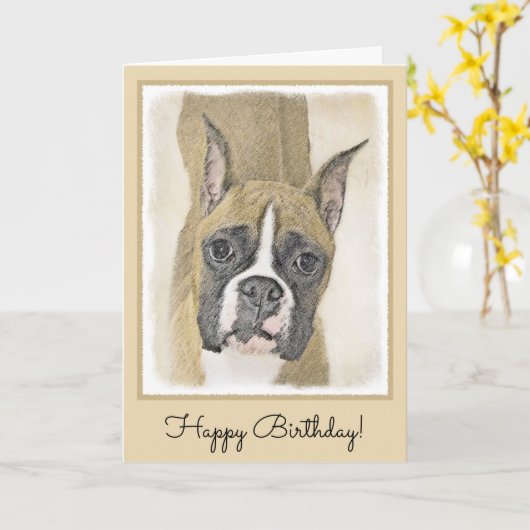 Boxer-schildering - Kute Original Dog Art Kaart (Gele Bloem)