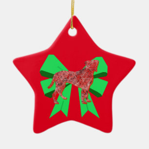Boxer Silhouette Red Dog & Green Bow Kerstmis Keramisch Ornament