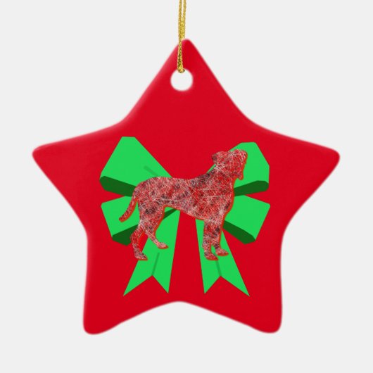 Boxer Silhouette Red Dog & Green Bow Kerstmis Keramisch Ornament (Voorkant)