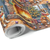 Boxer Sitting by Fireplace with Christmas Lights Cadeaupapier (Rol Hoek)