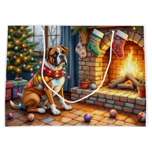 Boxer Sitting by Fireplace with Christmas Lights Groot Cadeauzakje (Voorkant)