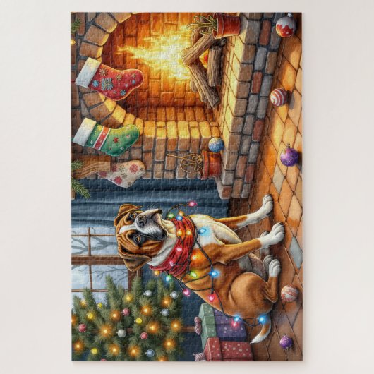 Boxer Sitting by Fireplace with Christmas Lights Legpuzzel (Verticaal)