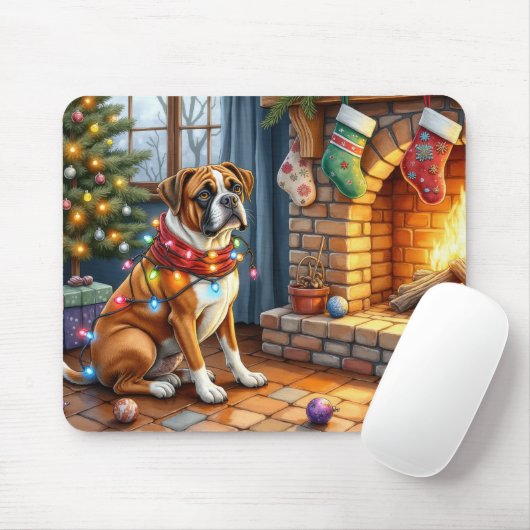 Boxer Sitting by Fireplace with Christmas Lights Muismat (Met muis)