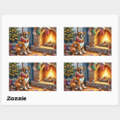 Boxer Sitting by Fireplace with Christmas Lights Rechthoekige Sticker (Vel)