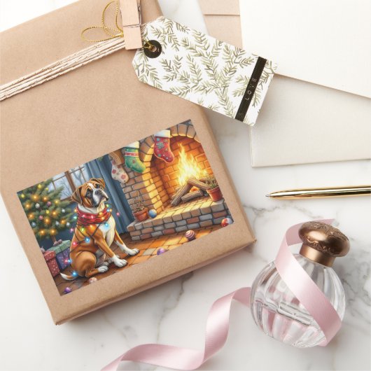 Boxer Sitting by Fireplace with Christmas Lights Rechthoekige Sticker (Geschenken)